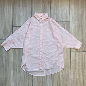 LOFT Softened Shirt XS Pink Oversized Button Down Cotton Tunic Blouse